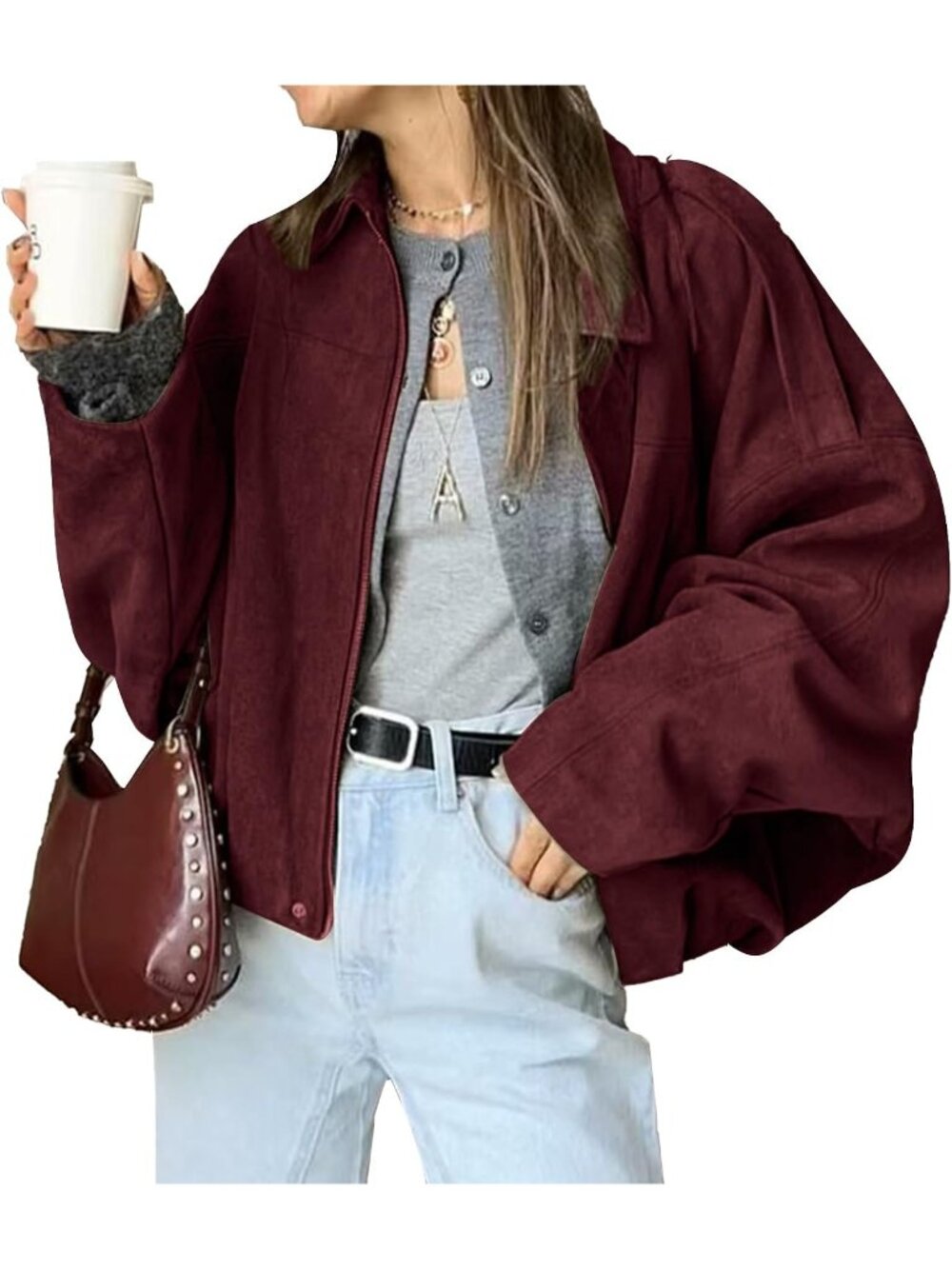 Women's Maroon Oversized Faux Suede Collared Hidden Zipper Pilot Bomber Jacket